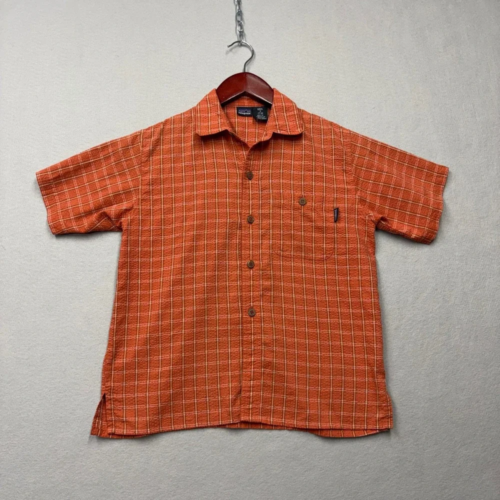 Patagonia Plaid Button Up Shirt Kids Small 7-8 Orange Short Sleeve Gorpcore